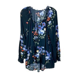 American Eagle Pullover Tunic Top Size M Black Floral Tassel Tie Balloon Sleeve